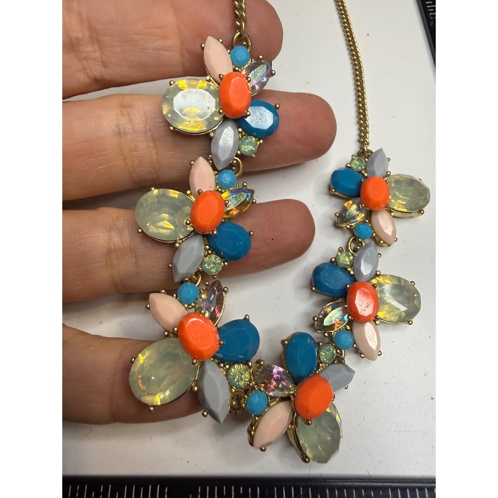 J. Crew Floral Statement Necklace Orange Blue Pink Gold Tone Bib Multi-Color